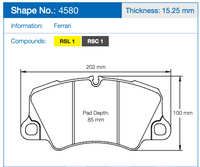 Thumbnail for Technical dimension diagram of a Pagid 4580 Ferrari brake pad, showing measurements of 202 mm width, 100 mm height, and 85 mm pad depth, with thickness noted as 15.25 mm.