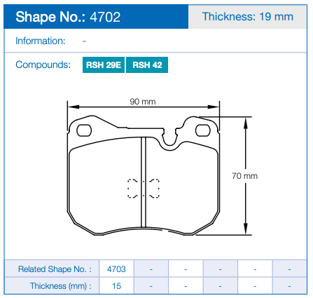 Technical dimension diagram of a Pagid 4702 brake pad with measurements 90 mm width and 70 mm height, plus compound labels RSH 29E and RSH 42 and a thickness of 19 mm.