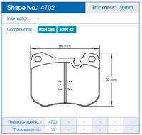 Thumbnail for Technical dimension diagram of a Pagid 4702 brake pad with measurements 90 mm width and 70 mm height, plus compound labels RSH 29E and RSH 42 and a thickness of 19 mm.