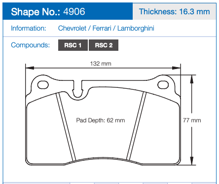 Technical dimension diagram of a Pagid brake pad, labeled with shape number 4906, thickness 16.3 mm, and compatibility for Chevrolet, Ferrari, and Lamborghini.