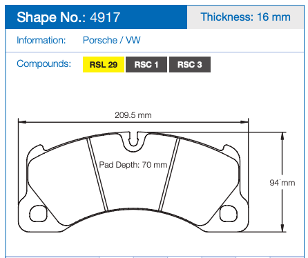 Technical dimension diagram of a Pagid brake pad 4917, Thickness 16 mm, Porsche / VW information, compounds RSL 29 / RSC 1 / RSC 3.