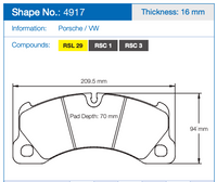 Thumbnail for Technical dimension diagram of a Pagid brake pad 4917, Thickness 16 mm, Porsche / VW information, compounds RSL 29 / RSC 1 / RSC 3.