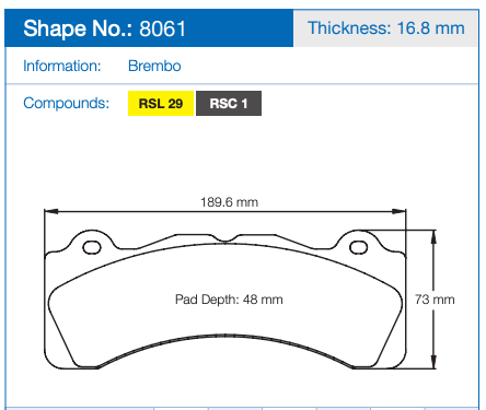 Technical specification diagram of a pagid 8061 brake pad, showing dimensions including thickness 16.8 mm, pad depth 48 mm, and overall pad width 189.