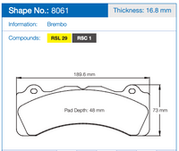 Thumbnail for Technical specification diagram of a pagid 8061 brake pad, showing dimensions including thickness 16.8 mm, pad depth 48 mm, and overall pad width 189.