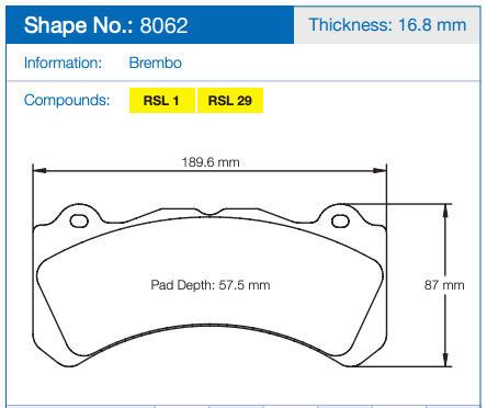 Technical specification diagram for a Pagid 8062 brake pad, showing dimensions including thickness 16.8 mm, pad depth 57.