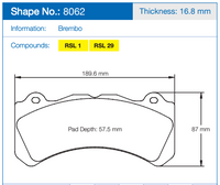 Thumbnail for Technical specification diagram for a Pagid 8062 brake pad, showing dimensions including thickness 16.8 mm, pad depth 57.