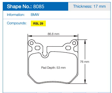 Technical specification diagram for a Pagid 8085 brake pad, showing a side profile with dimensions: 86.8 mm width, 76 mm height, and 53 mm pad depth.