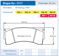 Thumbnail for Technical specification sheet for a brake pad showing Pagid 8222 brake pad, with thickness 25 mm, AP Racing / KTM branding, compound options, and a line drawing with dimensions 163 mm, 68.