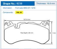Thumbnail for Technical specification diagram of a Pagid 8238 brake pad, showing shape number 8238, thickness 16.9 mm, front axle AMG GT / GTS, compound RSL 29, with dimensions 187.