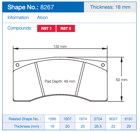 Technical specification sheet for a Pagid 8267 Brake Pad, showing a side profile line drawing with dimensions (132 mm, 62 mm, 49 mm pad depth) and a table of related shape numbers and thickness values.