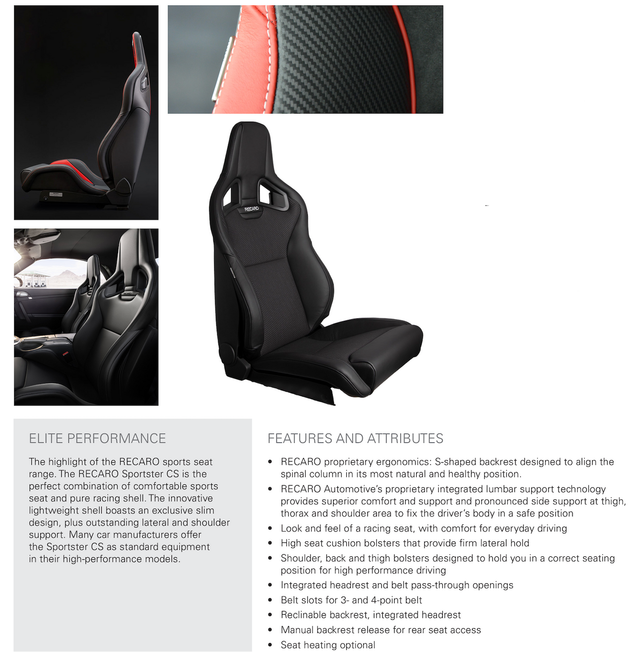 A product information graphic for the Recaro Sportster CS racing shoe. The left side shows a pair of black high-top racing shoes worn on feet, with a close-up inset of the pink and black upper.