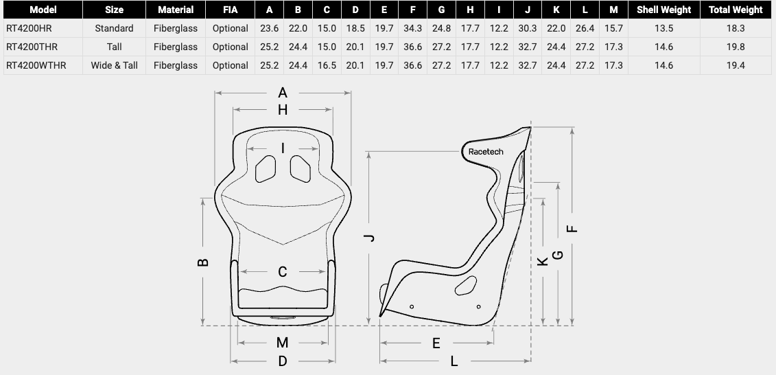 Racetech RT4200HR Race Seat Dimension Chart image