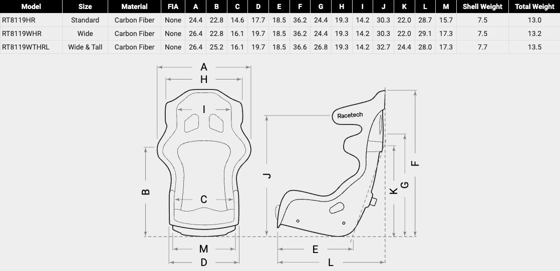 Racetech RT8119HR Race Seat Size Chart Image