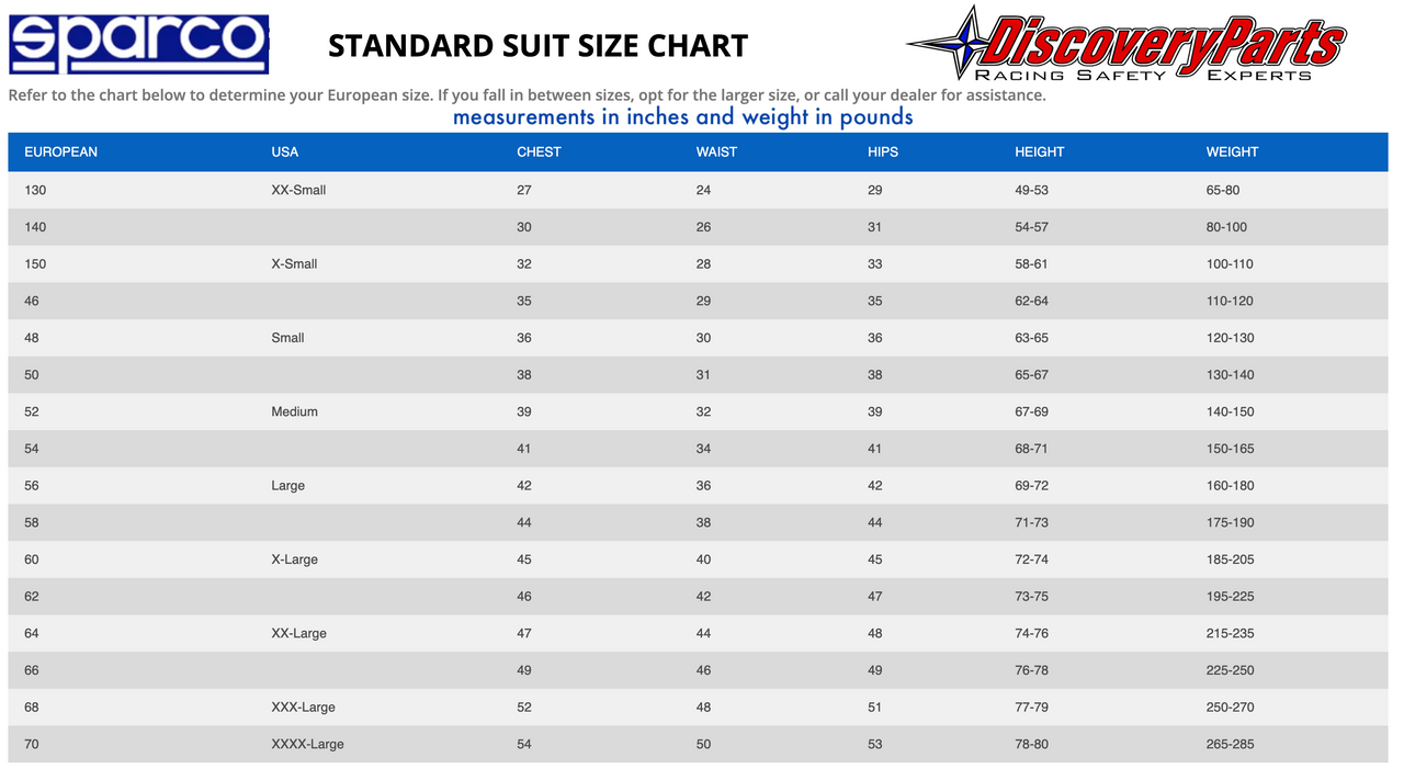 Sparco Competition USA Race Suit Size Chart Image