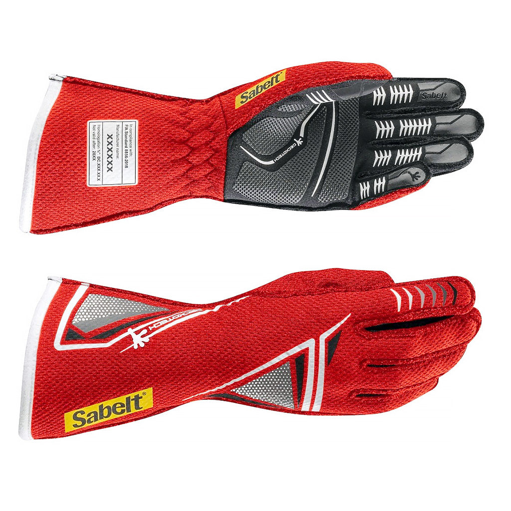 Red and black racing gloves with Sabelt branding on a white background