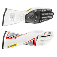 Thumbnail for Pair of white and black Sabelt Hero TG-11 Geckotech gloves with red accents, featuring Sabelt branding on a white background.