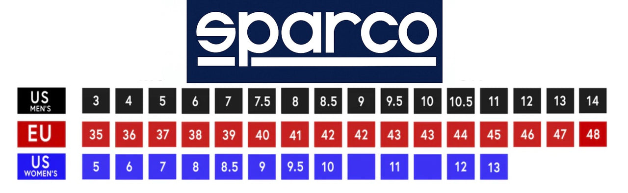 Sparco size chart with color-coded sizes on a white background