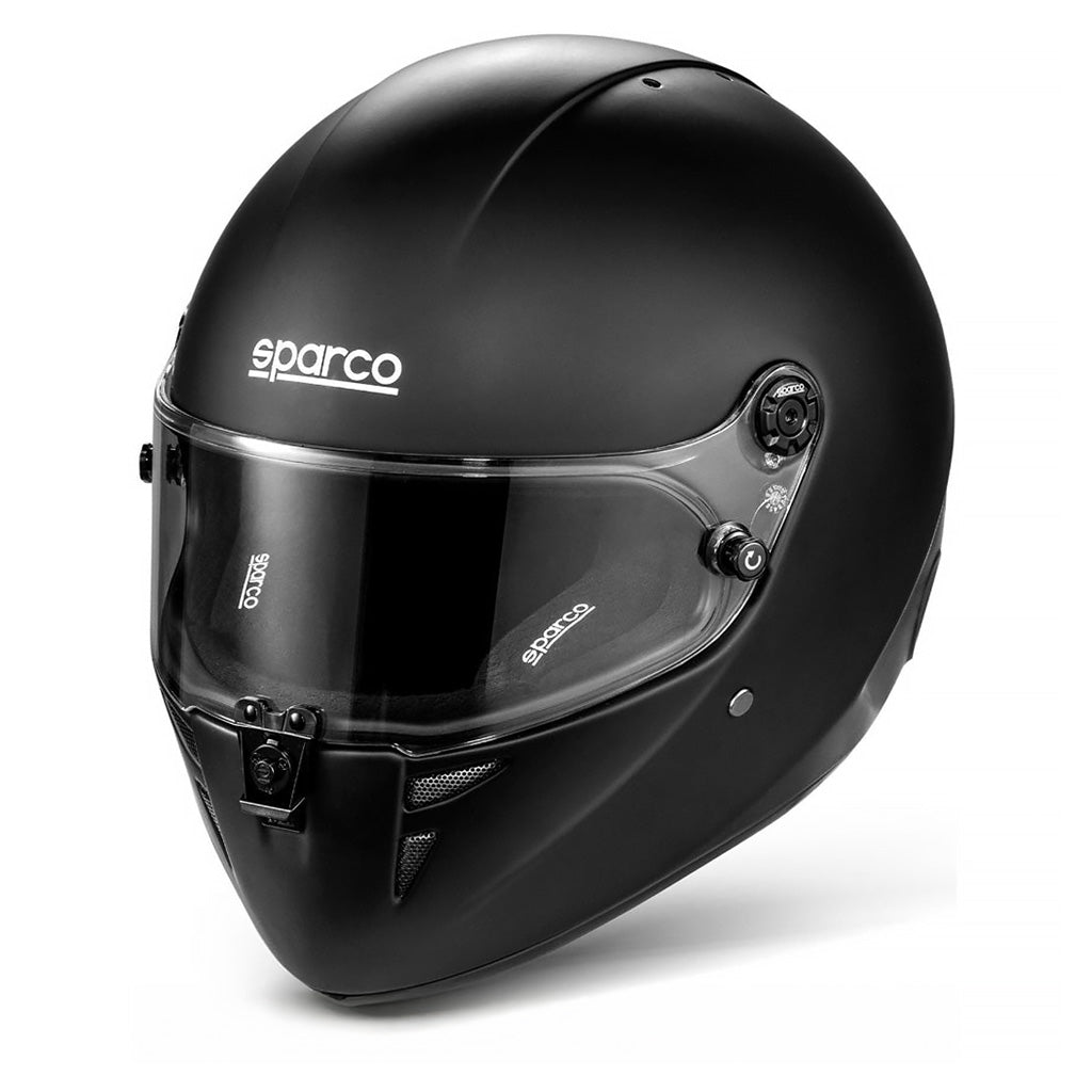 Black Sparco helmet with clear visor on a white background