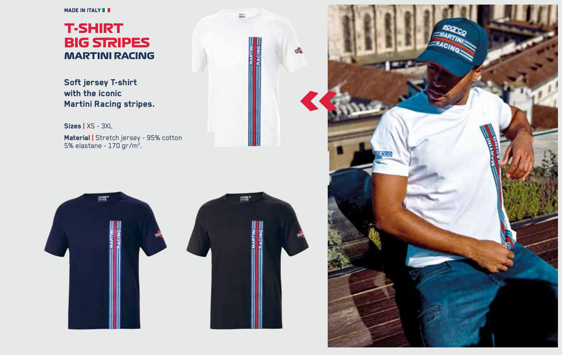 T-shirt with Martini Racing stripes and a person wearing it outdoors.