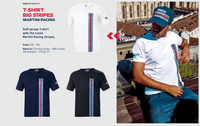 Thumbnail for T-shirt with Martini Racing stripes and a person wearing it outdoors.