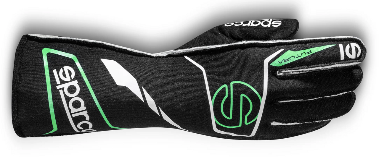 A black Sparco Futura Nomex glove with green and white accents, featuring hybrid finger stitching and silicon palm grip.