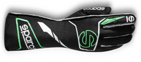 Thumbnail for A black Sparco Futura Nomex glove with green and white accents, featuring hybrid finger stitching and silicon palm grip.