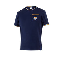 Thumbnail for Front view of a navy Sparco Gulf Heritage T-shirt featuring a chest pocket with the Gulf logo and contrast stripe detailing on the collar and sleeve edges.