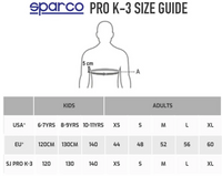 Thumbnail for Sparco Pro K-3 size guide with a silhouette and measurement chart.