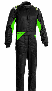 Thumbnail for A Sparco Sprint Race Suit in black color with white and green accents, featuring fully-floating sleeves and ultra-soft knit arm and leg cuffs.