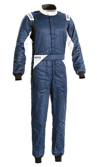 Thumbnail for A Sparco Sprint Race Suit in blue color with white and gray accents, featuring fully-floating sleeves and ultra-soft knit arm and leg cuffs.