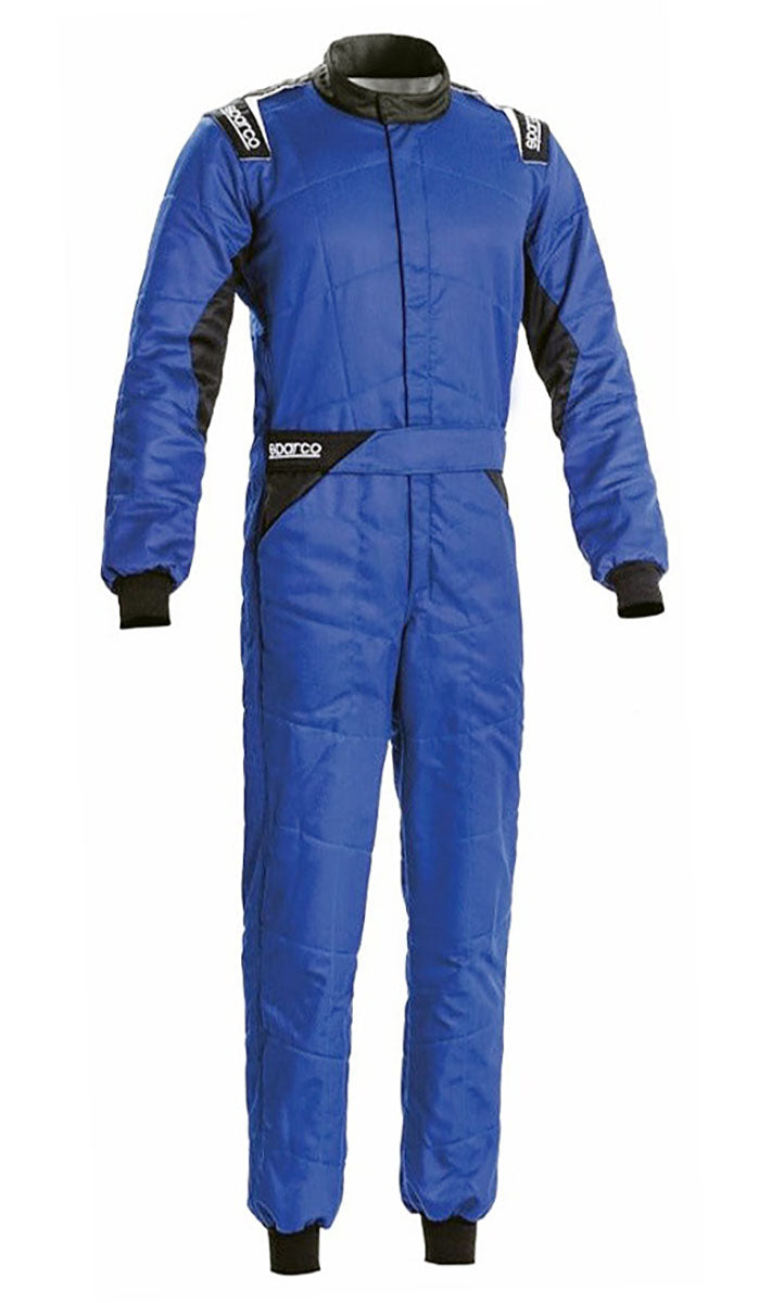 A Sparco Sprint Race Suit in blue color with white and gray accents, featuring fully-floating sleeves and ultra-soft knit arm and leg cuffs.