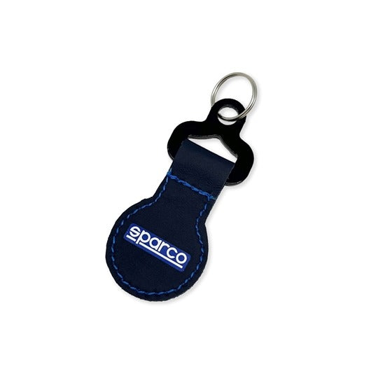 Back of Sparco Gulf keychain showing Sparco logo on navy leather with blue stitching and black metal key ring