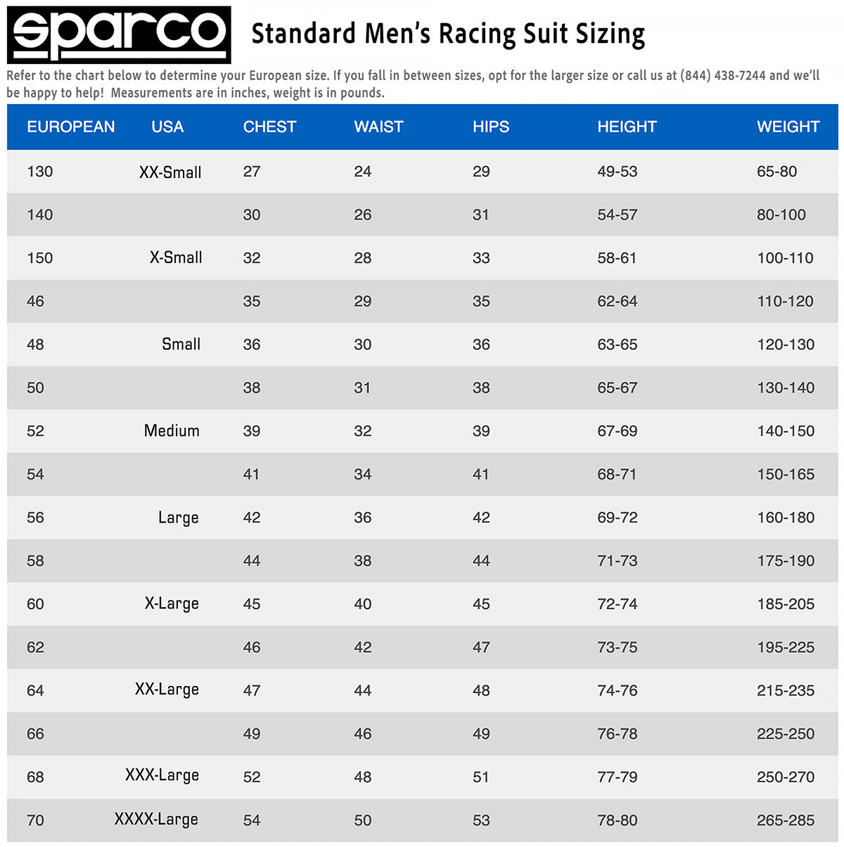Sparco Race Suit Mens size Chart Image