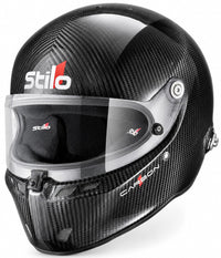 Thumbnail for A Stilo full-face racing helmet in glossy black carbon fiber, featuring a clear visor and white and red brand logos on the forehead and chin.