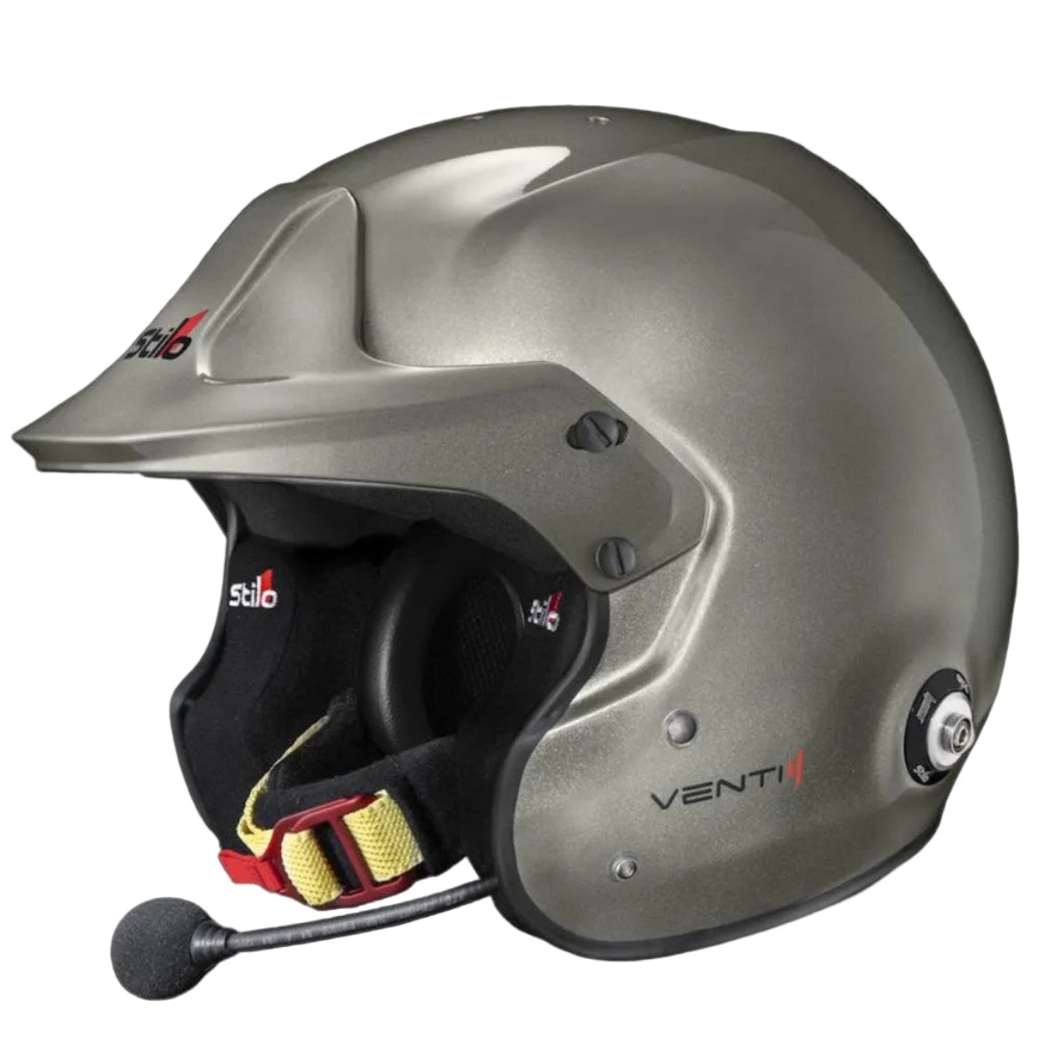 Stilo Venti4 Trophy Plus Titanium SA2025 FIA 8859 Rally Helmet interior angle showing open face padding and microphone-image
