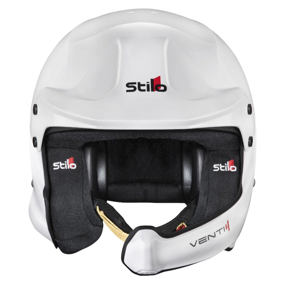 Stilo Venti4 WRC Composite White SA2025 FIA 8859 helmet front view with open face interior-image