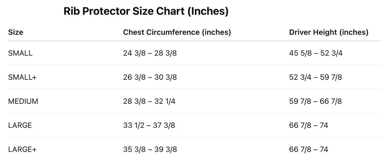 Stilo_Carbon_Curva_Rib_Protector_Size_Chart_Image