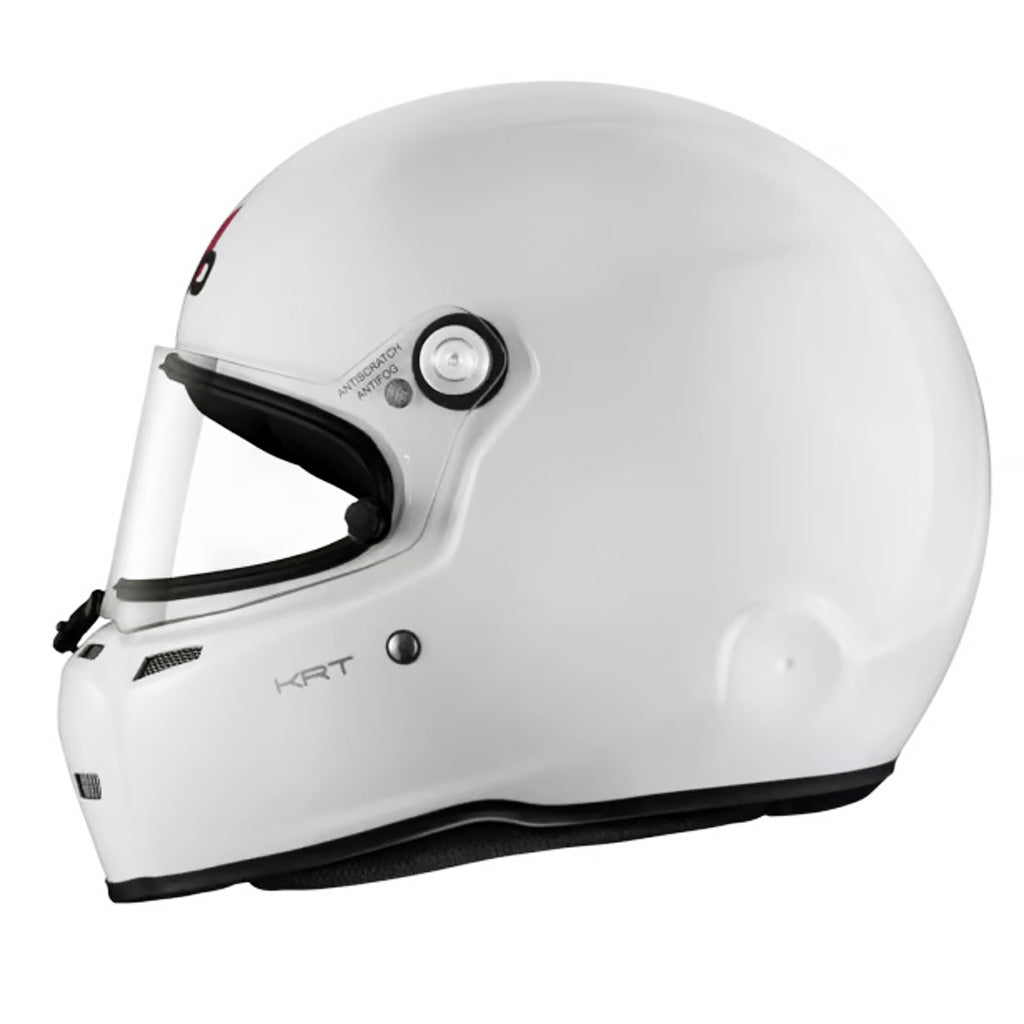 White Stilo karting helmet with clear visor on a white background