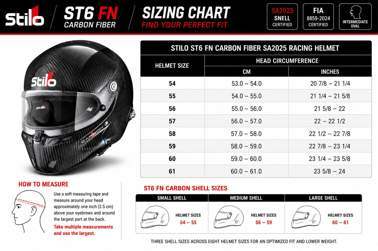 A sizing chart graphic for Stilo ST6 FN carbon fiber racing helmets, showing a black helmet on the left and a table listing helmet sizes from 54 to 61 with head circumference measurements in centimeters and inches. The right side includes shell size information and fit guidance.