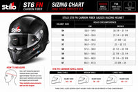 Thumbnail for A sizing chart graphic for Stilo ST6 FN carbon fiber racing helmets, showing a black helmet on the left and a table listing helmet sizes from 54 to 61 with head circumference measurements in centimeters and inches. The right side includes shell size information and fit guidance.