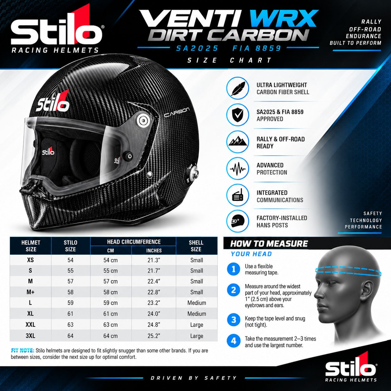 Stilo VENTI WRX Dirt Carbon SA2025 FIA 8859 helmet sizing chart with head circumference measurements, shell sizes, fit guidance, and measuring instructions