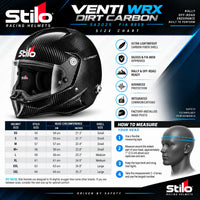 Thumbnail for Stilo VENTI WRX Dirt Carbon SA2025 FIA 8859 helmet sizing chart with head circumference measurements, shell sizes, fit guidance, and measuring instructions