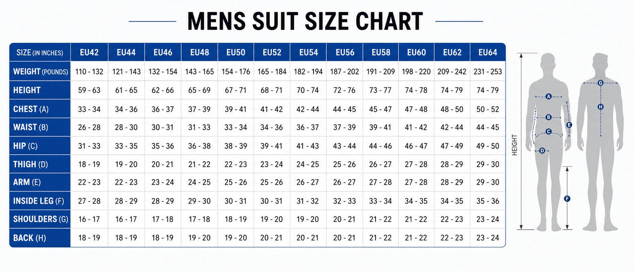 Mens suit size chart with measurements for weight, height, waist, hip, arm, leg, and shoulder dimensions.