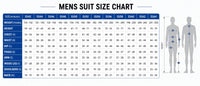 Thumbnail for Mens suit size chart with measurements for weight, height, waist, hip, arm, leg, and shoulder dimensions.