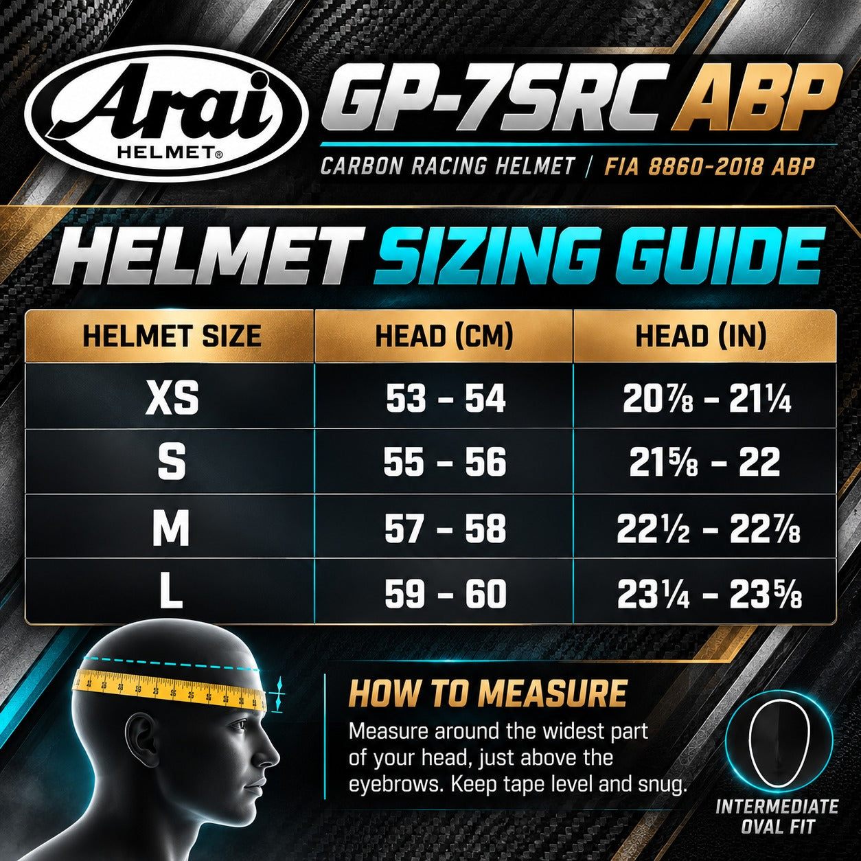 Arai GP-7SRC ABP Carbon Racing Helmet Size Chart – FIA 8860-2018 ABP, XS to Large Helmet Sizes, Head Circumference in Centimeters and Inches, and Intermediate Oval Fit Guide