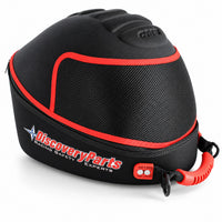 Thumbnail for Discovery Parts EVO Racing Helmet Bag in black with red trim, protective molded shell, breathable mesh ventilation panel, zippered closure, and reinforced carrying handle.