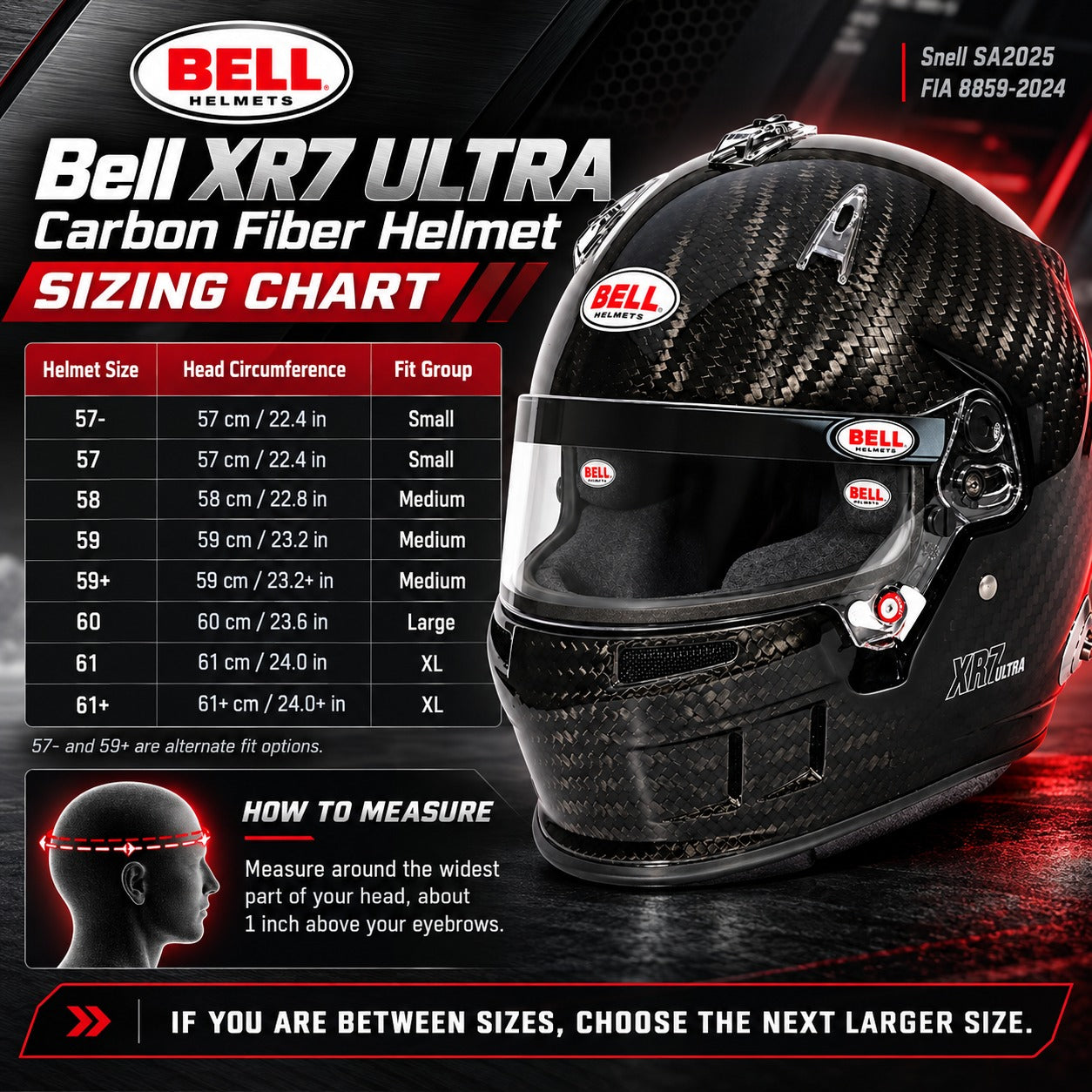 Bell XR7 ULTRA Carbon Fiber SA2025 racing helmet sizing chart showing sizes 57− through 61+, head circumference in centimeters and inches, and instructions for measuring your head for proper helmet fit.