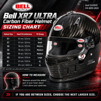 Thumbnail for Bell XR7 ULTRA Carbon Fiber SA2025 racing helmet sizing chart showing sizes 57− through 61+, head circumference in centimeters and inches, and instructions for measuring your head for proper helmet fit.