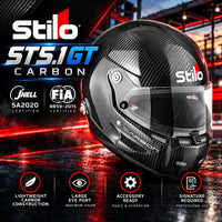 Thumbnail for Stilo ST5.1 GT Carbon Fiber Racing Helmet hero image featuring a lightweight exposed carbon fiber shell, Snell SA2020 and FIA 8859-2015 certifications, large eyeport, integrated ventilation, and radio and hydration compatibility against a dramatic motorsport background