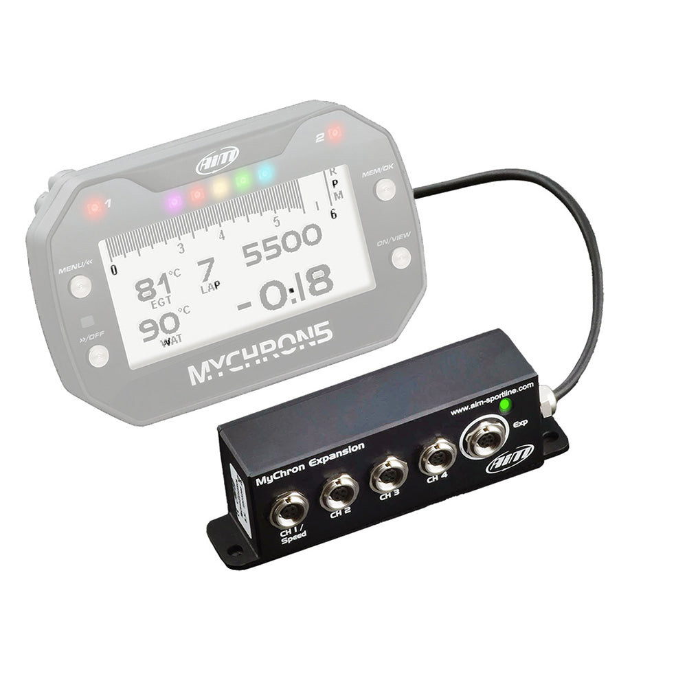 MyChron timing device AiM MyChron5 display and Expansion module on a white background